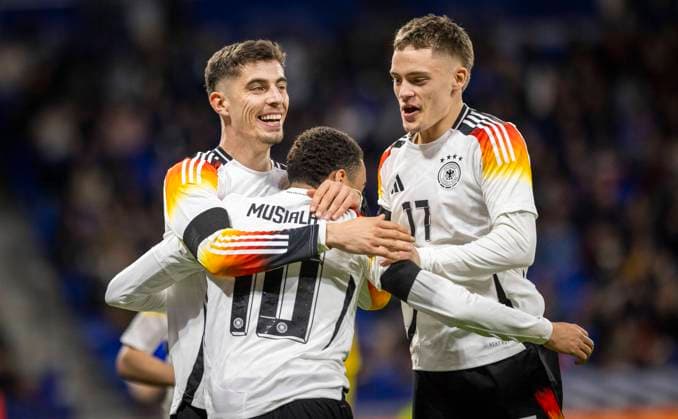 Lyon, France 23rd Mar 2024 Goal celebration Jamal Musiala Germany Kai Havertz Germany Florian Wirtz Germany France Germany France Germany 23 03 2024