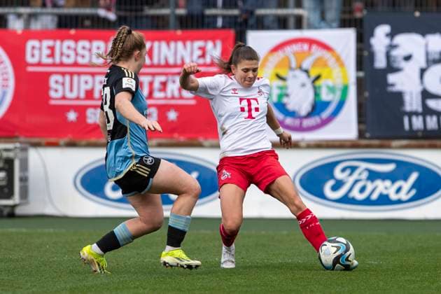 GOOGLE PIXEL Frauen Bundesliga 1 FC Köln 1 FC Nürnberg, 23 03 2024 Martyna Wiankowska 1 FC Köln, 26 in duel with Madeleine Steck 1 FC Nürnberg, 28 GOOGLE PIXEL Frauen Bundesliga, 1 FC Köln 1 FC Nürnberg, 17 Spieltag, am 23 03 2024, Franz Kremer Stadion, Köln DFL regulations prohibit any use of photographs as image sequences and or quasi video Copyright: xBEAUTIFULxSPORTS Meuselx