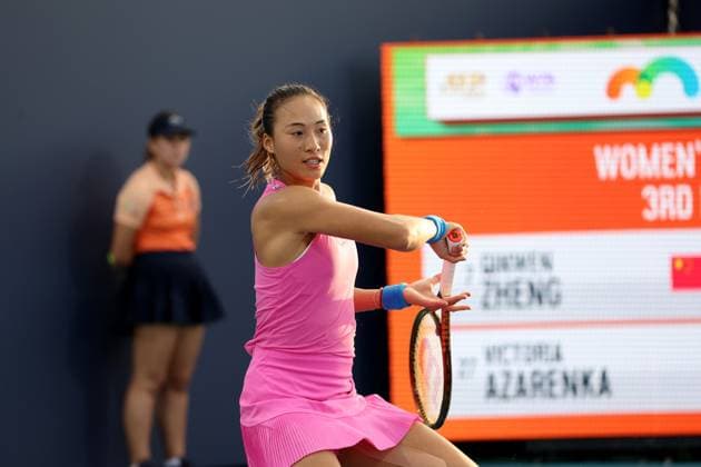 March 23, 2024, Miami Gardens, Florida, United States Of America: MIAMI GARDENS, FLORIDA - MARCH 21: Victoria Azarenka of Belarus defeats Qinwen Zheng of China in the second round on Day 6 of the Miami Open Presented by Itau at Hard Rock Stadium on March 21, 2024 in Miami Gardens, Florida....People: Qinwen Zheng Miami Open Presented by Itau 2024 - Day 8  - ZUMAs214 20240323_ada_s214_032 Copyright: xSMGx