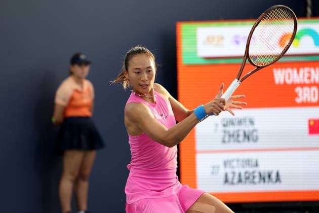 March 23, 2024, Miami Gardens, Florida, United States Of America: MIAMI GARDENS, FLORIDA - MARCH 21: Victoria Azarenka of Belarus defeats Qinwen Zheng of China in the second round on Day 6 of the Miami Open Presented by Itau at Hard Rock Stadium on March 21, 2024 in Miami Gardens, Florida....People: Qinwen Zheng Miami Open Presented by Itau 2024 - Day 8  - ZUMAs214 20240323_ada_s214_050 Copyright: xSMGx
