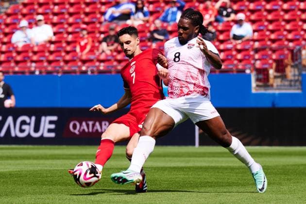 RECORD DATE NOT STATED CONCACAF NATIONS LEAGUE 2023-2024 Canada vs Trinidad and Tobago - Play In Stephen Eustaquio (L) of Canada fights for the ball with Daniel Phillips (R) of Trinidad during the Play In match between Canada and Trinidad and Tobago as part of the 2024 Concacaf Nations League, for the pass to the Copa America in the United States 2024, at Toyota Stadium, Frisco, Texas, on March 23, 2024. FRISCO TEXAS UNITED STATES  Copyright: xJorgexMartinezx 20240323150644_CNL_24_PLAY_IN_CAN_TRI_EUSTAQUIO114