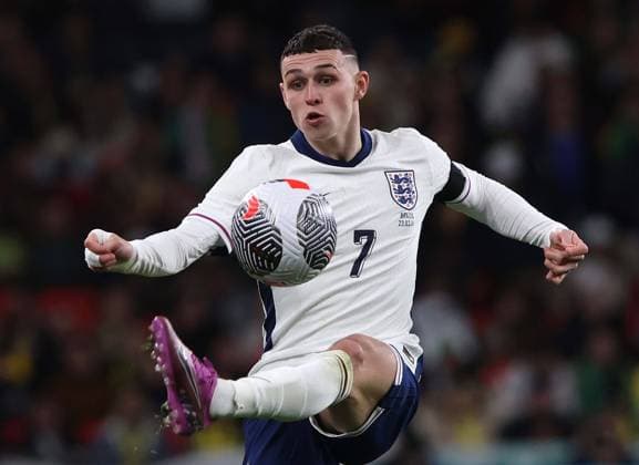 Phil Foden of England & Manchester City. - England v Brazil, International Friendly, Länderspiel, Nationalmannschaft Match, Wembley Stadium, London, UK. - 23rd March 2024. Editorial Use Only - DataCo restrictions apply. England v Brazil, International Friendly, Football, Wembley Stadium, London, UK - 23 Mar 2024 EDITORIAL USE ONLY No use with unauthorised audio, video, data, fixture lists, club league logos or live services. Online in-match use limited to 120 images, no video emulation. No use in betting, games or single club league player publications. Copyright: xRichardxCalver Shutterstockx 14398650ah