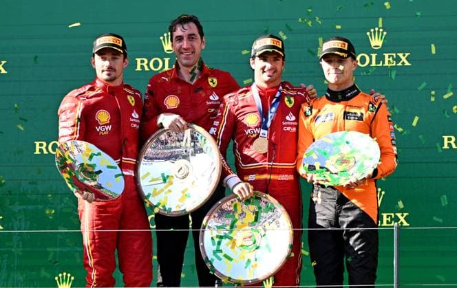 AUSTRALIAN F1 GRAND PRIX, Race winner Ferrari driver Carlos Sainz, second right, of Spain stands on podium with second placed teammate Charles Leclerc of Monaco, left, Ferrari engineer Mateo Togninalli and third placed McLaren driver Lando Norris, right, of Britain following the Australian Grand Prix 2024 at Albert Park Circuit in Melbourne, Sunday, March 24, 2024. ( NO ARCHIVING, EDITORIAL USE ONLY, NO USE IN BOOKS WITHOUT CONSENT MELBOURNE VICTORIA AUSTRALIA Copyright: xJOELxCARRETTx 20240324001921959213