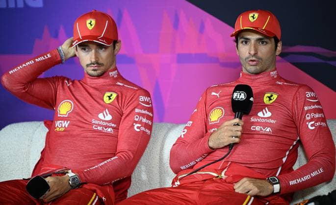 AUSTRALIAN F1 GRAND PRIX, Ferrari teammates Charles Leclerc of Monaco (left) and Carlos Sainz of Spain are seen during a press conference, PK, Pressekonferenz following the Australian Grand Prix 2024 at Albert Park Circuit in Melbourne, Sunday, March 24, 2024. ( NO ARCHIVING, EDITORIAL USE ONLY, NO USE IN BOOKS WITHOUT CONSENT MELBOURNE VICTORIA AUSTRALIA  Copyright: xJOELxCARRETTx 20240324001921964407