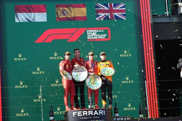 24 03 2024, Albert Park Circuit, Melbourne, FORMULA 1 ROLEX AUSTRALIAN GRAND PRIX 2024 ,in the picture winner Carlos Sainz Jr ESP , Scuderia Ferrari, 2nd place for Charles Leclerc MCO , Scuderia Ferrari, 3rd place for Lando Norris GBR , McLaren F1 Team, Ferrari engineer Matteo Toninelli Melbourne Albert Park Circuit Victoria Australia eu-images-506