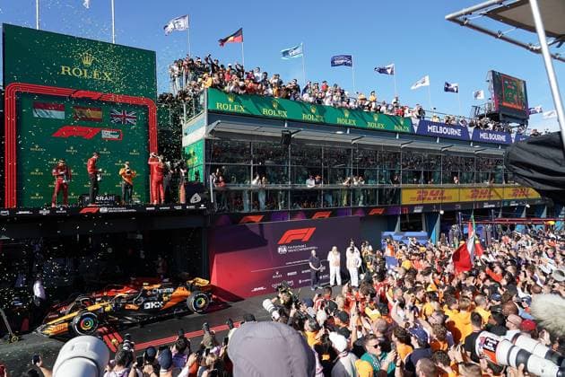 24 03 2024, Albert Park Circuit, Melbourne, FORMULA 1 ROLEX AUSTRALIAN GRAND PRIX 2024 ,in the picture winner Carlos Sainz Jr ESP , Scuderia Ferrari, 2nd place for Charles Leclerc MCO , Scuderia Ferrari, 3rd place for Lando Norris GBR , McLaren F1 Team, Ferrari engineer Matteo Toninelli Melbourne Albert Park Circuit Victoria Australia eu-images-506