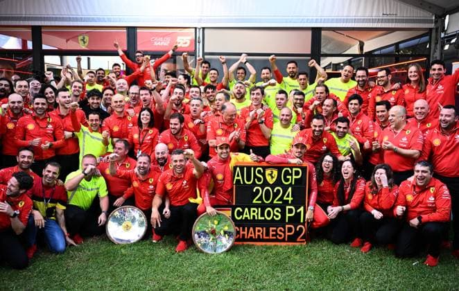 AUSTRALIAN F1 GRAND PRIX, The Ferrari team celebrate with drivers Charles Leclerc of Monaco and Carlos Sainz of Spain following their P1 and P2 result at the Australian Grand Prix 2024 at Albert Park Circuit in Melbourne, Sunday, March 24, 2024. ( NO ARCHIVING, EDITORIAL USE ONLY, NO USE IN BOOKS WITHOUT CONSENT MELBOURNE VICTORIA AUSTRALIA  Copyright: xJOELxCARRETTx 20240324001921969699