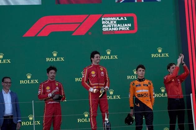 FORMULA 1 ROLEX AUSTRALIAN GRAND PRIX 2024 24 03 2024, Albert Park Circuit, Melbourne, FORMULA 1 ROLEX AUSTRALIAN GRAND PRIX 2024 ,in the picture winner Carlos Sainz Jr ESP , Scuderia Ferrari, 2nd place for Charles Leclerc MCO , Scuderia Ferrari, 3rd place for Lando Norris GBR , McLaren F1 Team, Ferrari engineer Matteo Toninelli nordphotoxGmbHx xBratic nph00250