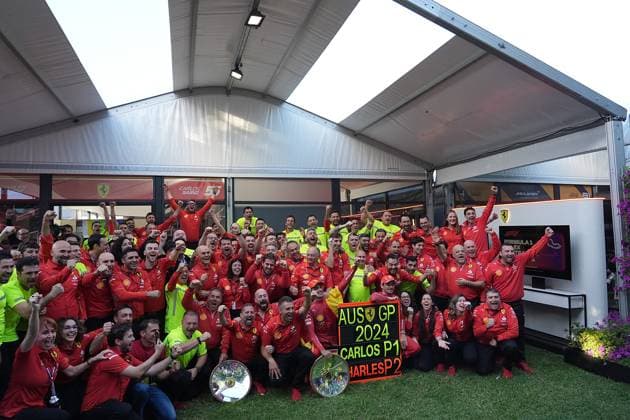24 03 2024, Albert Park Circuit, Melbourne, FORMULA 1 ROLEX AUSTRALIAN GRAND PRIX 2024 ,in the picture The Ferrari team celebrates the double victory in Melbourne, winner Carlos Sainz Jr ESP , Scuderia Ferrari, 2nd place for Charles Leclerc MCO , Scuderia Ferrari Melbourne Albert Park Circuit Victoria Australia eu-images-506