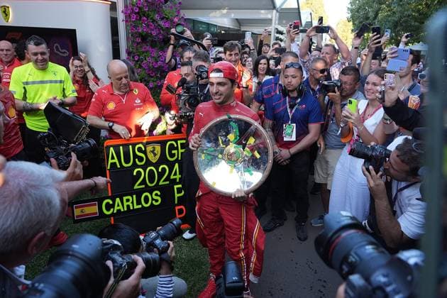 24 03 2024, Albert Park Circuit, Melbourne, FORMULA 1 ROLEX AUSTRALIAN GRAND PRIX 2024 ,in the picture The Ferrari team celebrates the double victory in Melbourne, winner Carlos Sainz Jr ESP , Scuderia Ferrari, 2nd place for Charles Leclerc MCO , Scuderia Ferrari Melbourne Albert Park Circuit Victoria Australia eu-images-506