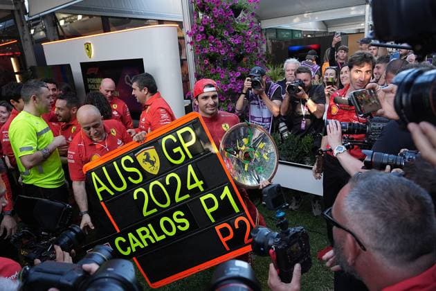 24 03 2024, Albert Park Circuit, Melbourne, FORMULA 1 ROLEX AUSTRALIAN GRAND PRIX 2024 ,in the picture The Ferrari team celebrates the double victory in Melbourne, winner Carlos Sainz Jr ESP , Scuderia Ferrari, 2nd place for Charles Leclerc MCO , Scuderia Ferrari Melbourne Albert Park Circuit Victoria Australia eu-images-506