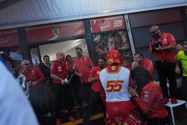 24 03 2024, Albert Park Circuit, Melbourne, FORMULA 1 ROLEX AUSTRALIAN GRAND PRIX 2024 ,in the picture The Ferrari team celebrates the double victory in Melbourne, winner Carlos Sainz Jr ESP , Scuderia Ferrari, 2nd place for Charles Leclerc MCO , Scuderia Ferrari Melbourne Albert Park Circuit Victoria Australia eu-images-506