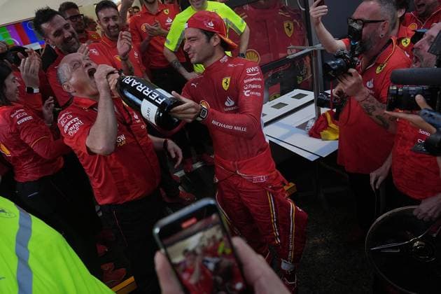 24 03 2024, Albert Park Circuit, Melbourne, FORMULA 1 ROLEX AUSTRALIAN GRAND PRIX 2024 ,in the picture The Ferrari team celebrates the double victory in Melbourne, winner Carlos Sainz Jr ESP , Scuderia Ferrari, 2nd place for Charles Leclerc MCO , Scuderia Ferrari Melbourne Albert Park Circuit Victoria Australia eu-images-506