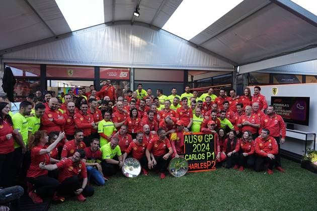 FORMULA 1 ROLEX AUSTRALIAN GRAND PRIX 2024 24 03 2024, Albert Park Circuit, Melbourne, FORMULA 1 ROLEX AUSTRALIAN GRAND PRIX 2024 ,in the picture The Ferrari team celebrates the double victory in Melbourne, winner Carlos Sainz Jr ESP , Scuderia Ferrari, 2nd place for Charles Leclerc MCO , Scuderia Ferrari nordphotoxGmbHx xBratic nph00250