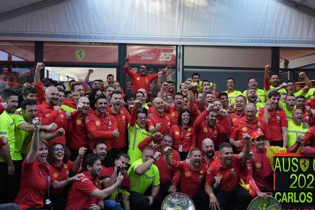FORMULA 1 ROLEX AUSTRALIAN GRAND PRIX 2024 24 03 2024, Albert Park Circuit, Melbourne, FORMULA 1 ROLEX AUSTRALIAN GRAND PRIX 2024 ,in the picture The Ferrari team celebrates the double victory in Melbourne, winner Carlos Sainz Jr ESP , Scuderia Ferrari, 2nd place for Charles Leclerc MCO , Scuderia Ferrari nordphotoxGmbHx xBratic nph00250