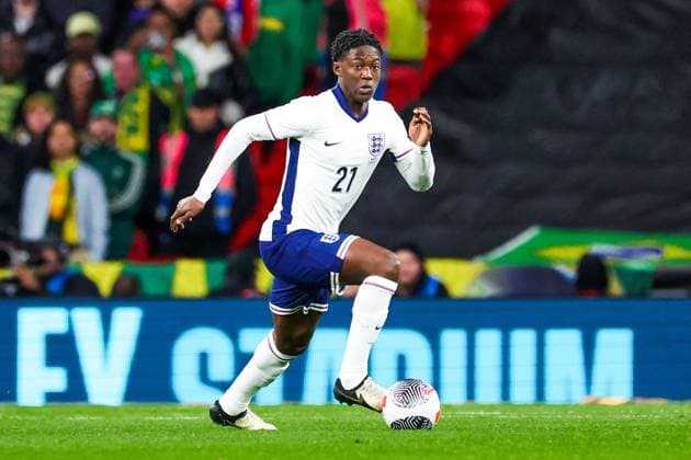 England v Brazil Friendly 23 03 2024. Kobbie Mainoo (21) of England during the Friendly match between England and Brazil at Wembley Stadium, London, England on 23 March 2024. Editorial use only , Copyright: xNigelxKeenex PSI-19285-0145