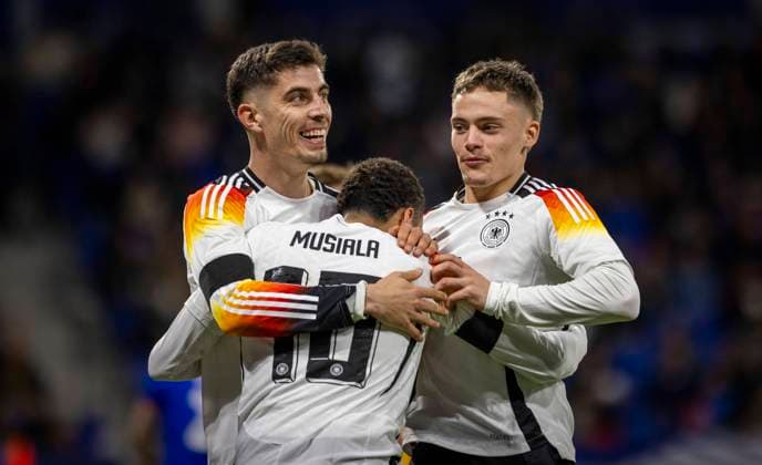 Lyon, France 23rd Mar 2024 Goal celebration Kai Havertz Germany Jamal Musiala Germany Florian Wirtz Germany France Germany France Germany 23 03 2024