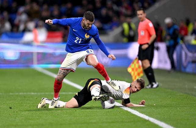 FOOTBALL INTERNATIONAL Test match in Lyon France Germany 23 03 2023 Lucas Hernandez left, France v Joshua Kimmich right, Germany