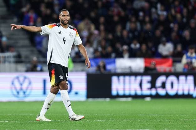 Sport, Football, UEFA international match season 2023 24 friendly match France Germany 23 03 2024, Groupama Stadium Lyon Jonathan Tah Germany, 4 in the new DFB Adidas jersey, right in the background on the board, the new supplier of the DFB Nike equips the DFB with sports equipment from 2027 Lyon Groupama Stadium France