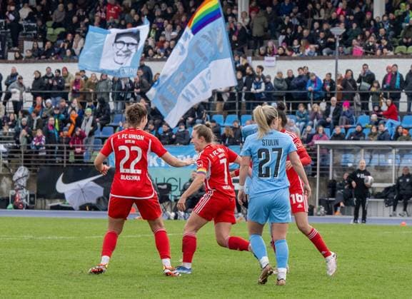 Soccer, Women, Season 2023 2024, Regionalliga Nordost 15 Matchday , FC Viktoria 1889 Berlin 1 FC Union Berlin, f l Anouk Blaschka 1 Women 1 FC Union , Lisa Heiseler 1 Women 1 FC Union , Natalia Stulin FC Viktoria 1889 Berlin , Sarah Abu Sabbah 1 Women 1 FC Union , Celebration after goal to 1 0, 24 03 2024, Copyright: xMatthiasxKochx