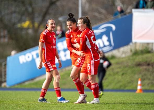 Soccer, Women, Season 2023 2024, Regionalliga Nordost 15 Matchday , FC Viktoria 1889 Berlin 1 FC Union Berlin, f l Athanasia Moraitou 1 Women 1 FC Union , Sarah Abu Sabbah 1 Women 1 FC Union , Katja Orschmann 1 Women 1 FC Union , Celebration after goal to 2 0, 24 03 2024, Copyright: xMatthiasxKochx