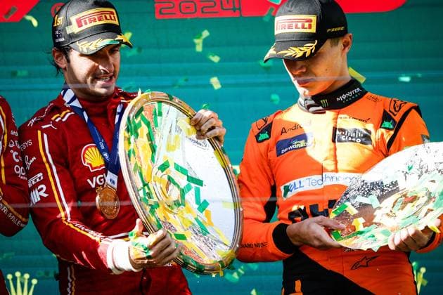 March 24, 2024, Melbourne, Victoria, Australia: MELBOURNE, AUSTRALIA - MARCH 24: Carlos Sainz of Spain and Scuderia Ferrari and Lando Norris of Great Britain and McLaren F1 Team after the 2024 Australian Grand Prix at Albert Park in Melbourne, Australia Melbourne Australia - ZUMAp121 20240324_zsp_p121_151 Copyright: xChrisxPutnamx