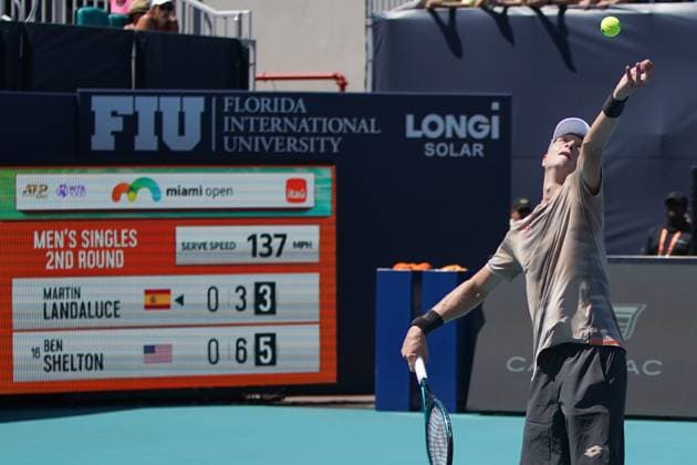 March 24, 2024, Miami Gardens, Florida, USA: Martin Landaluce (ESP) serves the ball during the men s singles match at the 2024 Miami Open presented by Itau at Hard Rock Stadium. Miami Gardens USA - ZUMAw109 20240324_fap_w109_008 Copyright: xDebbyxWongx