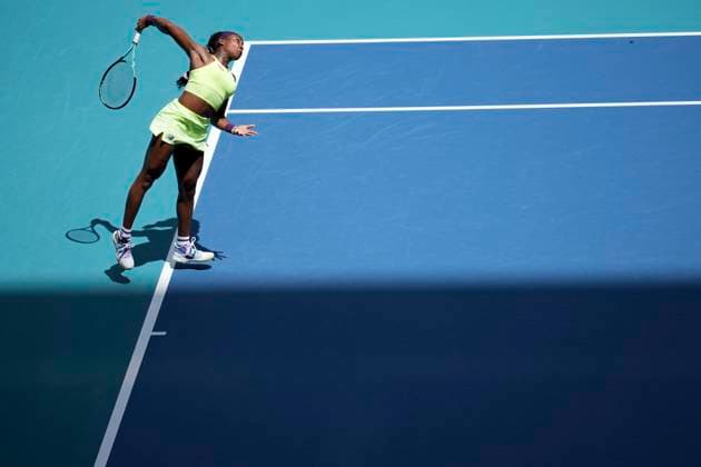 March 24, 2024, Miami, Florida, USA: Coco Gauff hits a serve against Oceane Dodin (France) during the third round of womenÃ¢â‚¬â ¢s singles at the Miami Open tennis tournament. Gauff won the match 6-4, 6-0. Miami USA - ZUMAd212 20240324_zsp_d212_009 Copyright: xRichardxDolex