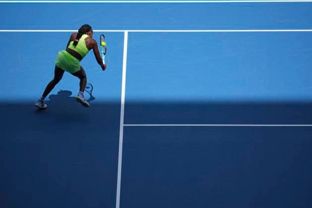 March 24, 2024, Miami, Florida, USA: Coco Gauff hits a backhand volley against Oceane Dodin (France) during the third round of womenÃ¢â‚¬â ¢s singles at the Miami Open tennis tournament. Gauff won the match 6-4, 6-0. Miami USA - ZUMAd212 20240324_zsp_d212_026 Copyright: xRichardxDolex