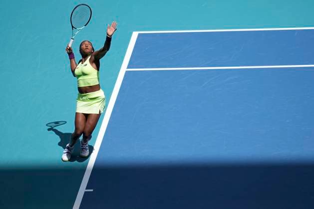 March 24, 2024, Miami, Florida, USA: Coco Gauff hits a serve against Oceane Dodin (France) during the third round of womenÃ¢â‚¬â ¢s singles at the Miami Open tennis tournament. Gauff won the match 6-4, 6-0. Miami USA - ZUMAd212 20240324_zsp_d212_027 Copyright: xRichardxDolex