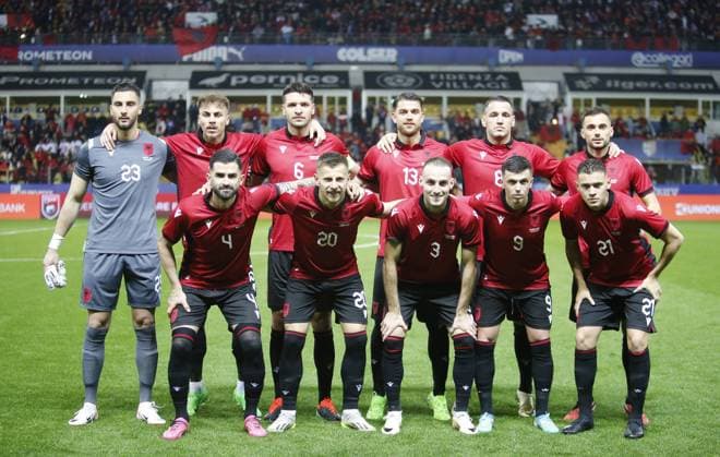 Albanien Mannschaftsbild (hi. V. li.) Torwart Thomas Strakosha, Taulant Seferi, Berat Djimsiti, Enea Mihaj, Rey Manaj, Nedim Bajrami; (vorn v. li.) Elseid Hysaj, Ylber Ramadani, Mario Mitaj, Jasir Asani, Kristjan Asllani Albanian National football team, during the friendly football match the national team, Nationalteam of Albania, on 23 March 2023 at Ennio Tardini Stadium in Parma, Italy. Photo Nderim KACELI Copyright: xNderimxKaceli IPAxSportx xipa-agx xx IPA_44604009 IPA_Agency_IPA44604009