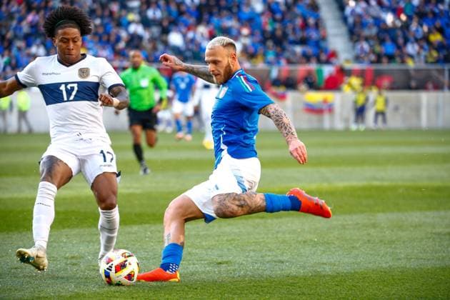March 24, 2024, Harrison, Nj, United States: Federico Dimarco of Italy during a match against Ecuador in an International Friendly, Länderspiel, Nationalmannschaft match at the Red Bull Arena in the city of Harrison in New Jersey in the United States this Sunday, March 24. Harrison United States - ZUMAv122 20240324_aap_v122_085 Copyright: xWilliamxVolcovx