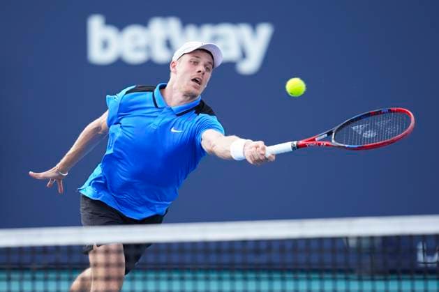 March 24, 2024, Miami, Florida, USA: Denis Shapovalov (Canada) hits a forehand volley against Matteo Arnaldi (Italy) during the third round of menÃ¢â‚¬â ¢s singles at the Miami Open tennis tournament. Arnaldi won the match 6-3, 7-6. Miami USA - ZUMAd212 20240324_zsp_d212_065 Copyright: xRichardxDolex