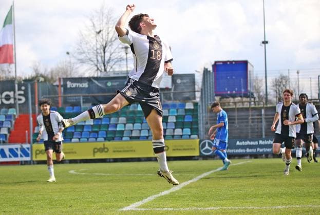 25 03 2024, xmohx, football international U16, Germany U16 Italy u16 emspor, v l Lorenzo Calvani Italy , David Creta Germany goal celebration to 1 0 DFL DFB REGULATIONS PROHIBIT ANY USE OF PHOTOGRAPHS as IMAGE SEQUENCES and or QUASI VIDEO Pirmasens