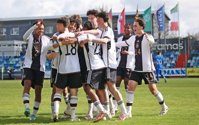 25 03 2024, xmohx, football international match U16, Germany U16 Italy u16 emspor, v l David Creta Germany goal celebration to 1 0 DFL DFB REGULATIONS PROHIBIT ANY USE OF PHOTOGRAPHS as IMAGE SEQUENCES and or QUASI VIDEO Pirmasens