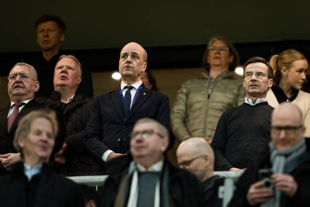 240325 Fredrik Reinfeldt, president of the Swedish Football Association and Ulf Kristersson, Prime Minister of Sweden during the international friendly football match between Sweden and Albania on March 25, 2024 in Stockholm Photo Joel Marklund BILDBYRAN code JM JM0569 bbeng fotboll football soccer fotball träningslandskamp träningsmatch international friendly landskamp sverige sweden sverige a albanien albania  Copyright: JOELxMARKLUND BB240325JM062