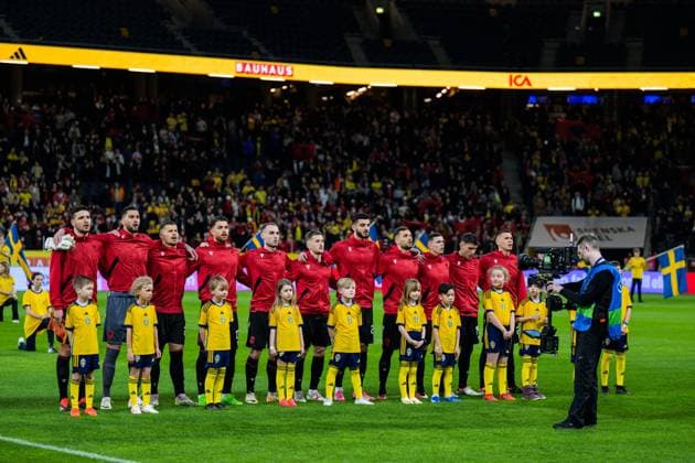 240325 Players of of Albania sing their national anthem ahead of the international friendly football match between Sweden and Albania on March 25, 2024 in Stockholm Photo Joel Marklund BILDBYRAN code JM JM JM0569 bbeng fotboll football soccer fotball träningslandskamp träningsmatch international friendly landskamp sverige sweden sverige a albanien albania  Copyright: JOELxMARKLUND BB240325JM198