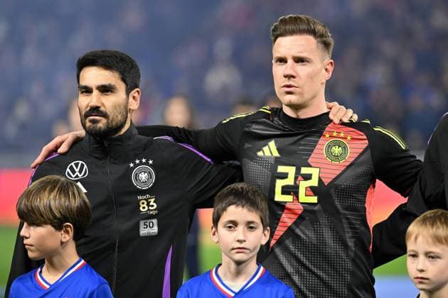 Lyon, Groupama Stadium, 23 03 24, GER, Men, Laenderspiel, France Germany Picture from left Ilkay GUENDOGAN Germany and goalkeeper Marc Andre TER STEGEN Germany Only for editorial use UEFA regulations prohibit any use of photographs as image sequences and or quasi video Auvergne Rhone Alpes France