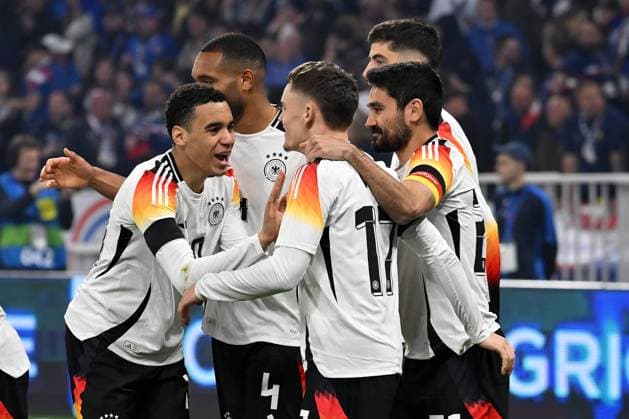 Lyon, Groupama Stadium, 23 03 24, GER, Men, Laenderspiel, France Germany Picture Florian WIRTZ Germany celebrates after his goal to 0 1 with Jamal MUSIALA Germany Only for editorial use UEFA regulations prohibit any use of photographs as image sequences and or quasi video Auvergne Rhone Alpes France