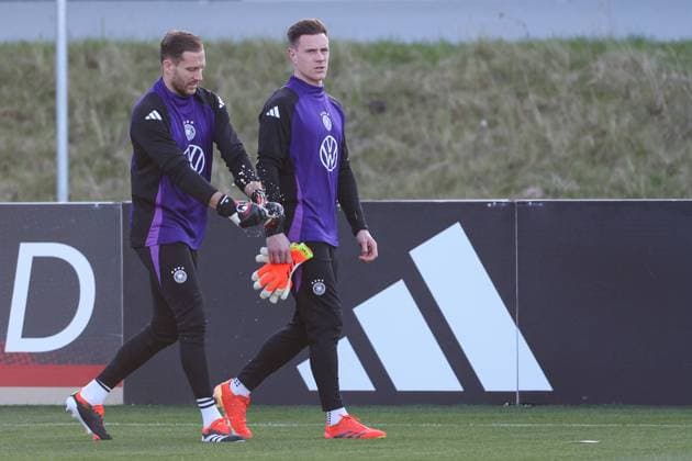 Final training session of the German national team before the match against the Netherlands on 25 03 2024 at the DFB Campus in Frankfurt Goalkeeper Oliver Baumann Germany, 24 and goalkeeper Marc Andre ter Stegen Germany, 22 MH