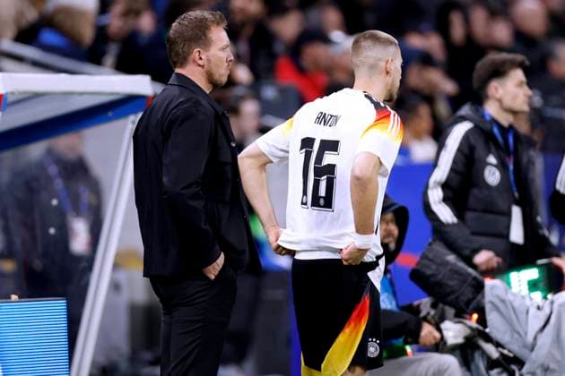 NAGELSMANN Julian Coach Team Germany with ANTON Waldemar at the substitution Laenderspiel France Germany 0 2 am 23 03 2024 in Lyon DFL REGULATIONS PROHIBIT ANY USE OF PHOTOGRAPHS as IMAGE SEQUENCES and or QUASI VIDEO Copyright: xLacixPerenyix