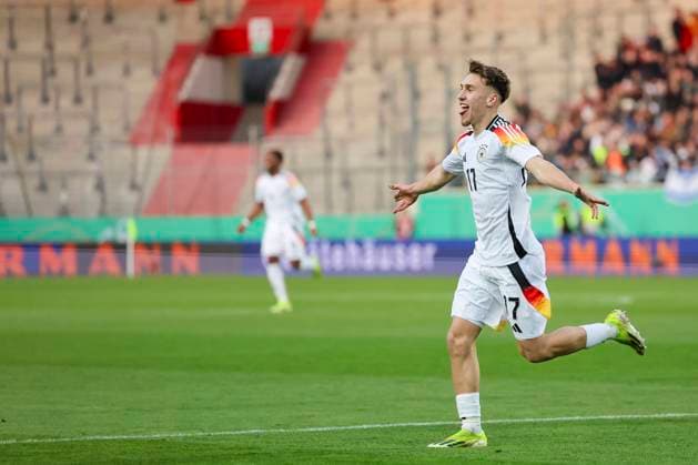 Brajan Gruda Germany celebrates his goal to make it 1-0, UEFA European Under 21 Championship Qualifying Group D, Germany vs Israel, Erdgas Sportpark, 26 03 2024, Halle, Germany