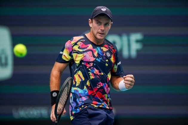 March 26, 2024, Miami Gardens, Florida, USA: Dominik Koepfer (GER) reacts after a shot to Daniil Medvedev during the fourth round of men s singles at the 2024 Miami Open presented by Itau at Hard Rock Stadium. Miami Gardens USA - ZUMAw109 20240326_fap_w109_005 Copyright: xDebbyxWongx