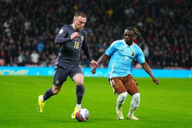 Jarrod Bowen of England and Jeremy Doku of Belgium England v Belgium, International Friendly, Länderspiel, Nationalmannschaft Football, Wembley Stadium, London, UK - 26 Mar 2024 EDITORIAL USE ONLY No use with unauthorised audio, video, data, fixture lists, club league logos or live services. Online in-match use limited to 120 images, no video emulation. No use in betting, games or single club league player publications. Copyright: xJavierxGarcia Shutterstockx 14400427af