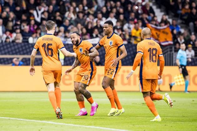 UEFA Friendly match Germany Netherlands 26 03 2024 Cheering for 0 1 by Joey Veerman Netherlands, 16 UEFA Friendly match Germany Netherlands, Frankfurt, Deutsche Bank Park on 26 03 2024 Copyright: xBEAUTIFULxSPORTS Wunderlx