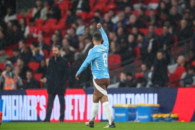 International Friendly, Länderspiel, Nationalmannschaft England v Belgium Youri Tielemans of Belgium celebrates his goal to make it 0-1 during the International Friendly match England vs Belgium at Wembley Stadium, London, United Kingdom, 26th March 2024 (Photo by Gareth Evans News Images) London Wembley Stadium Greater London United Kingdom Copyright: xGarethxEvans NewsxImagesx
