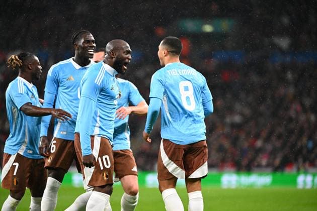 England v Belgium Friendly Match WEMBLEY LONDON, UNITED KINGDOM - MARCH 26 : Lukaku Romelu forward of Belgium, Tielemans Youri midfielder of Belgium celebrating scoring a goal with teammates during the friendly game match between England and Belgium in preparation of the UEFA EURO, EM, Europameisterschaft,Fussball 2024 tournament on March 26, 2024 in Wembley London, United Kingdom, 26 03 2024 Wembley London United Kingdom  Copyright: xVincentxKalutx