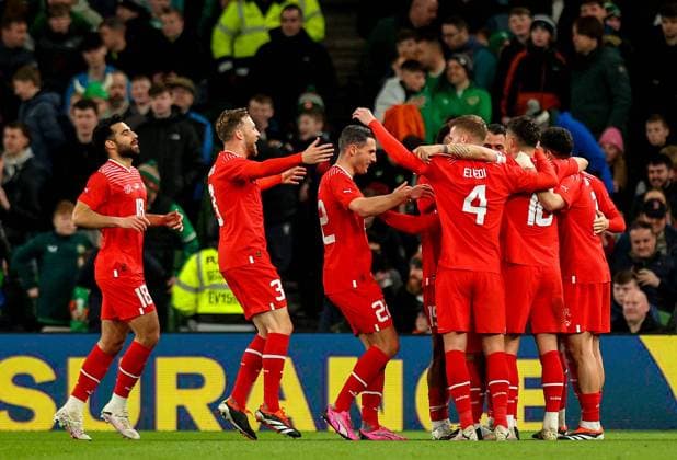 International Friendly, Länderspiel, Nationalmannschaft Aviva Stadium, Dublin 26 3 2024 Republic of Ireland vs Switzerland Switzerland s Xherdan Shaqiri Xherdan Shaqiri celebrates after scoring a goal with teammates 26 3 2024  Copyright: x INPHO RyanxByrnex RB1_2919