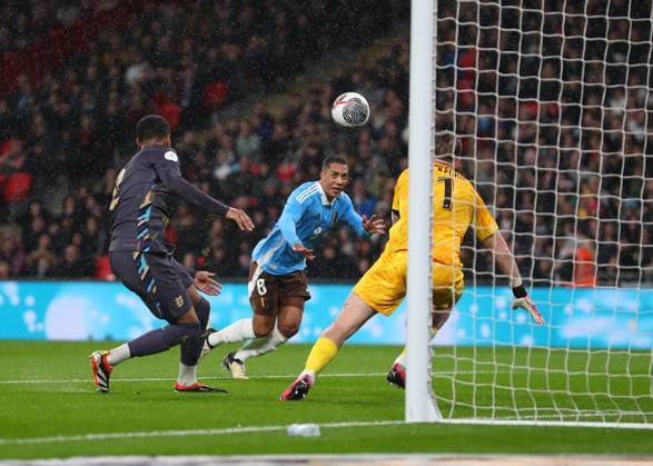 26th March 2024; Wembley Stadium, London, England; International Football Friendly, England versus Belgium; Youri Tielemans of Belgium heads the ball to score his sides 2nd goal in the 36th minute to make it 1-2  ActionPlus12621878 JohnxPatrickxFletcher