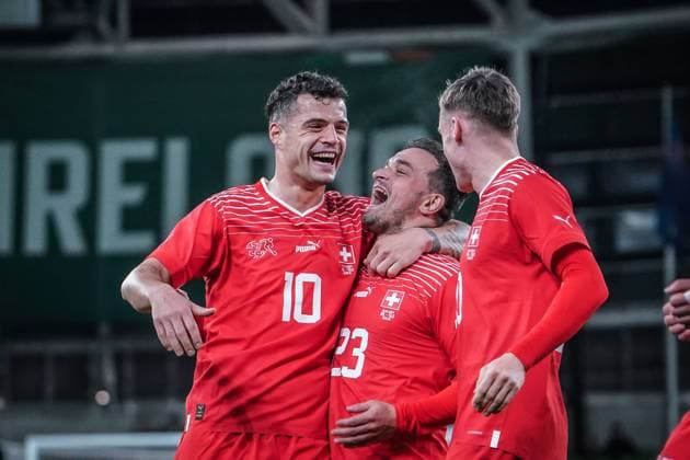 International Friendly, international match, national team Aviva Stadium, Dublin 26 3 2024 Republic of Ireland vs Switzerland Goal and goal celebration after the 1 0 by Swiss Xherdan Shaqiri with Swiss Granit Xhaka and Swiss Michael Aebischer Dublin Aviva Stadium Ireland Copyright: xJoeranxSteinsiekx